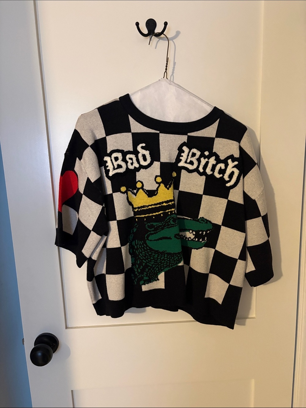 Checkerboard Cropped Knit Top with Green Alligator Motif